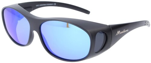 Hochwertige Montana Sonnenbrille/Überbrille FO1H in Schwarz Matt - Blau verspiegelt