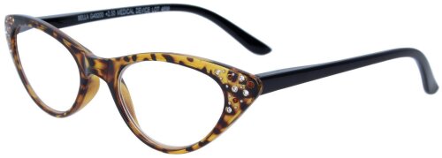 Havannafarbene Fertiglesebrille BELLA mit Cat-Eye Form, Strass-Steinen und Federscharnier