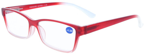 Rot - Transparente Fertiglesebrille PARADISE mit Federscharnier und rot/ grauen Etui + 1,00 dpt