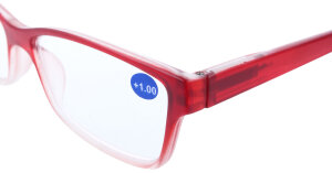Rot - Transparente Fertiglesebrille PARADISE mit Federscharnier und rot/ grauen Etui + 1,00 dpt