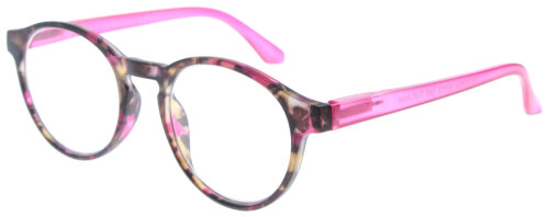 Runde Fertig-Lesebrille TUCANA aus pinkem Kunststoff mit Havanna-Muster und Federscharnier