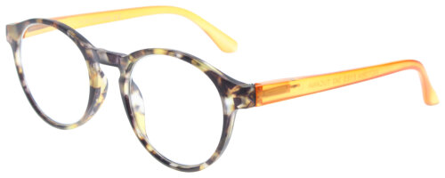 Runde Fertig-Lesebrille TUCANA aus orangenem Kunststoff mit Havanna-Muster und Federscharnier