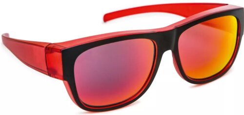 Kleine verspiegelte Überbrille mit Polarisation in Schwarz-Rot ideal für Brillenträger