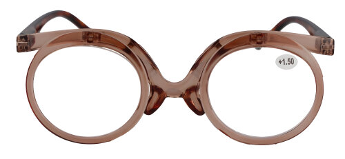 Klappbare Schminkbrille / Schminkhilfe aus Kunststoff mit 2 Gläsern in verschiedenen Stärken in Braun