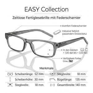 Klassische Fertiglesebrille EASY collection aus Kunststoff mit Federscharnier in Grau