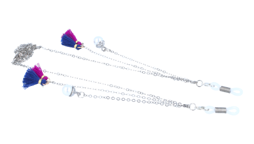 Hübsche Brillenkette aus Messing mit bunten Quasten und Schlaufenringe in Silber