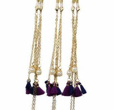 Hübsche Brillenkette aus Messing mit bunten Quasten und Schlaufenringe in Gold