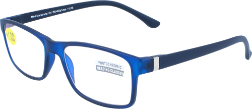 Schlichte Lesebrille mit phototropen Gläsern und flexiblen Bügeln in Blau