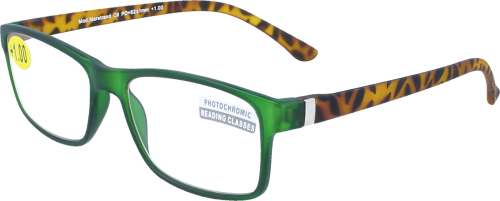 Schlichte Kunststoffbrille mit selbsttönenden, entspiegelten Gläsern in Grün