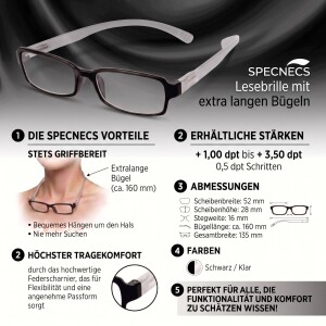 SPECNECS Lesebrille mit Federscharnier und extra langen Bügeln in Schwarz-Transparent