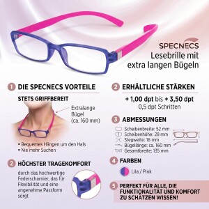 SPECNECS Lesebrille mit Federscharnier und extra langen Bügeln in Lila-Pink