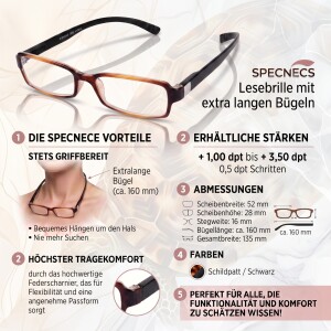SPECNECS Lesebrille mit Federscharnier und extra langen Bügeln in Havanna-Schwarz