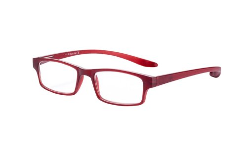 Kunststofflesebrille "Pluto" mit Federscharnier in Rot und farblich passendem Etui