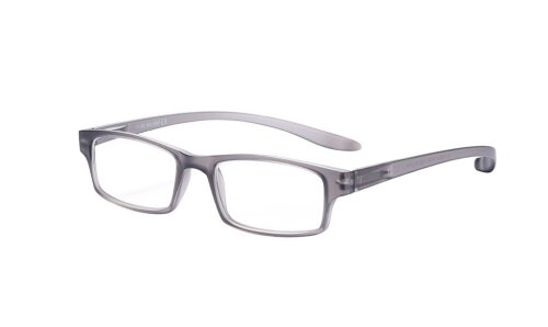 Kunststofflesebrille "Pluto" mit Federscharnier in Grau und farblich passendem Etui