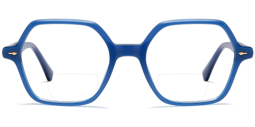 Zweistärkenbrille für Damen in Blau, sechseckiger Form, individuelle Verglasung