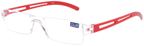 dezente Kunststofflesebrille / -hilfe "Joy" -  Randlos mit roten Bügelenden + 3,5