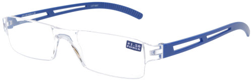 dezente Kunststofflesebrille / -hilfe "Joy" -  Randlos mit blauen Bügelenden + 2,0