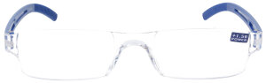 dezente Kunststofflesebrille / -hilfe "Joy" -  Randlos mit blauen Bügelenden + 2,0