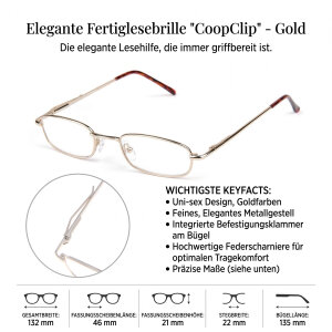 Elegante Lesebrille / Halbbrille CoopClip in Gold mit Clip / Befestigungsklammer