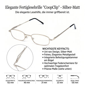Elegante Lesebrille / Halbbrille CoopClip  in Silber Matt mit Clip