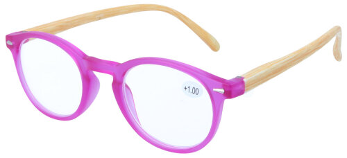 elegante, lilafarbene Lesebrille/-hilfe "JAYA" mit Federscharnier und Bügel in Holzoptik + 2,00 dpt