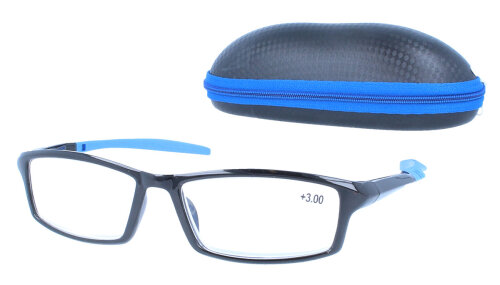Moderne Lesebrille / -hilfe KAYA mit blauen Bügelenden und Brillenetui
