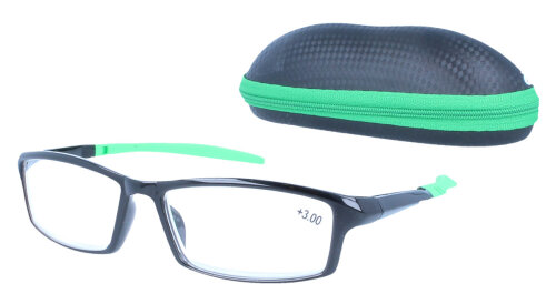 Moderne Lesebrille / -hilfe KAYA mit grünen Bügelenden und Brillenetui