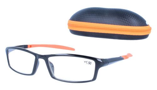Moderne Lesebrille/ -hilfe KAYA mit orangefarbenen Bügelenden und Brillenetui + 2,00 dpt